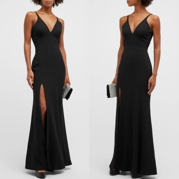 New Dress The Population Iris V-Neck Side Slit Crepe Black Evening Gown NWT XL - Picture 6 of 9